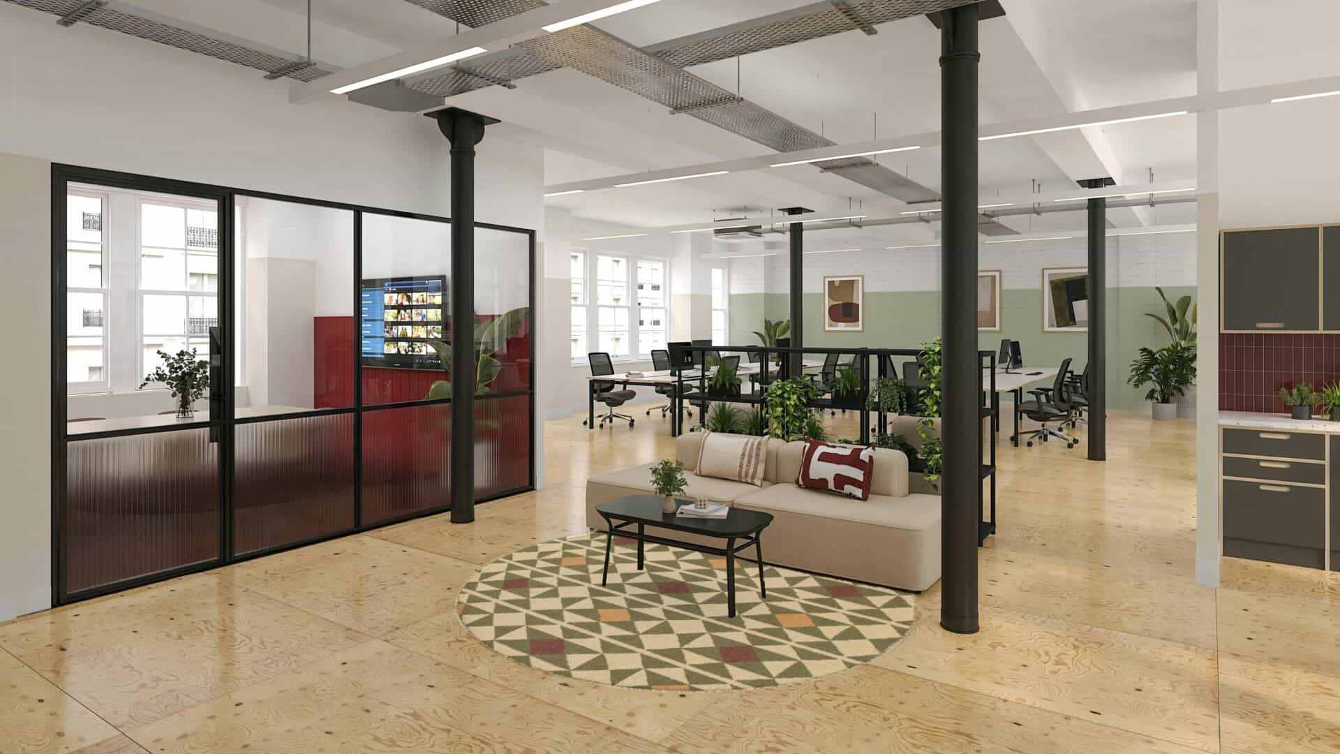 Modern office lounge area with comfortable seating, large windows, and contemporary decor, ideal for relaxation and informal meetings at BELCOR London.