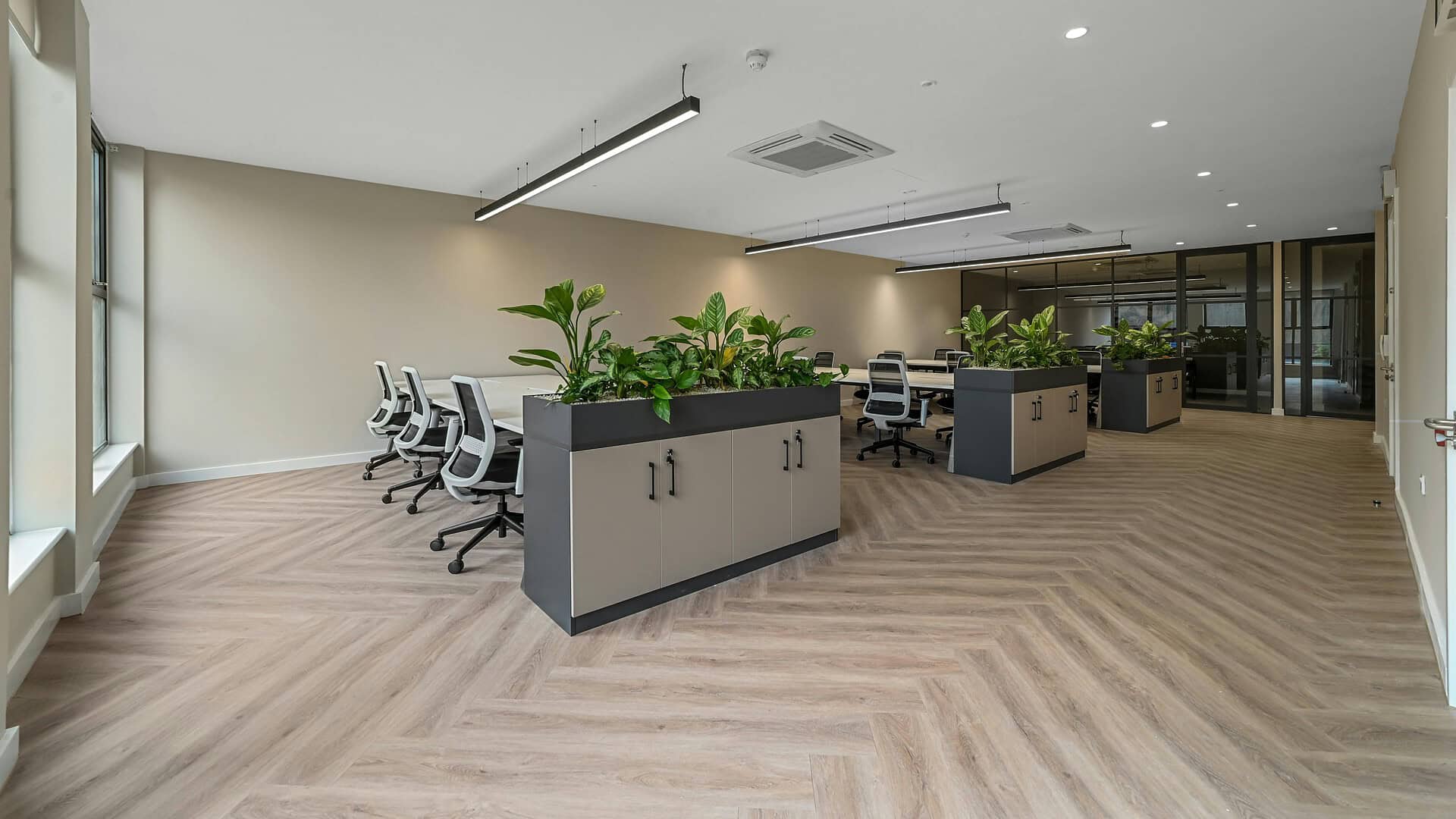 Bright, contemporary office interior featuring ergonomic chairs, spacious layout, and lush green plants for a productive work environment.